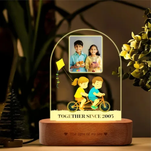 Together Ride – Siblings Gift with Photo India | Personalized Cycling-Themed Acrylic Lamp (9x6"")