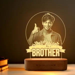 No.1 Brother – Photo Gift for Brother India | Custom Engraved Acrylic Lamp with Wooden Base (9x6")