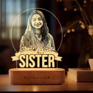 No.1 Sister – Photo Gift for Sister India | Personalized Engraved Acrylic Lamp with Wooden Base (9x6"")