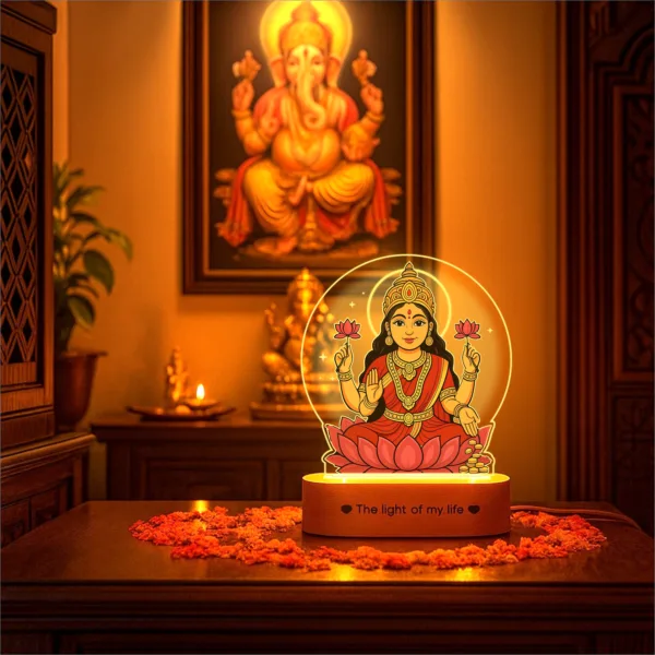 Lakshmi LED Lamp | Divine Acrylic Night Light with Wooden Base for Diwali & Prosperity Gifting