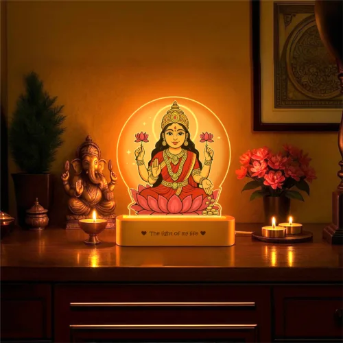 Lakshmi LED Lamp | Divine Acrylic Night Light with Wooden Base for Diwali & Prosperity Gifting