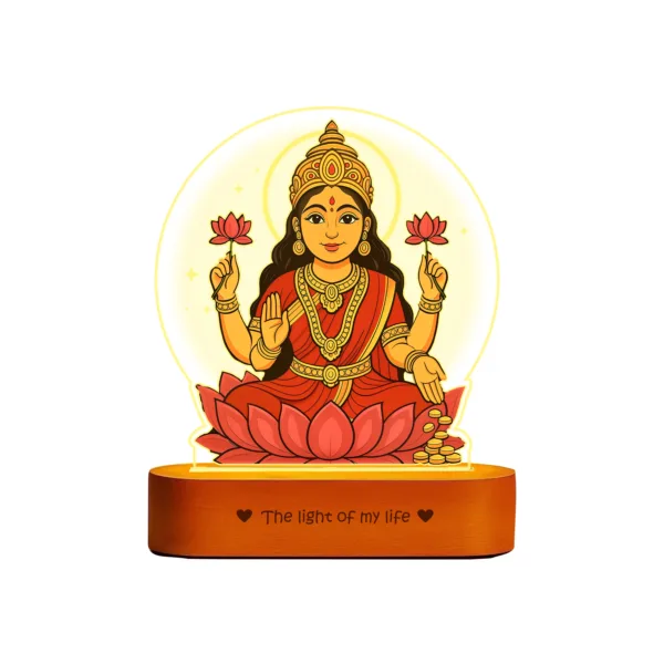 Lakshmi LED Lamp | Divine Acrylic Night Light with Wooden Base for Diwali & Prosperity Gifting