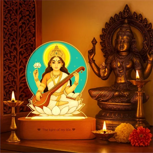 Saraswati LED Lamp | Divine Acrylic Night Light with Wooden Base for Study & Wisdom