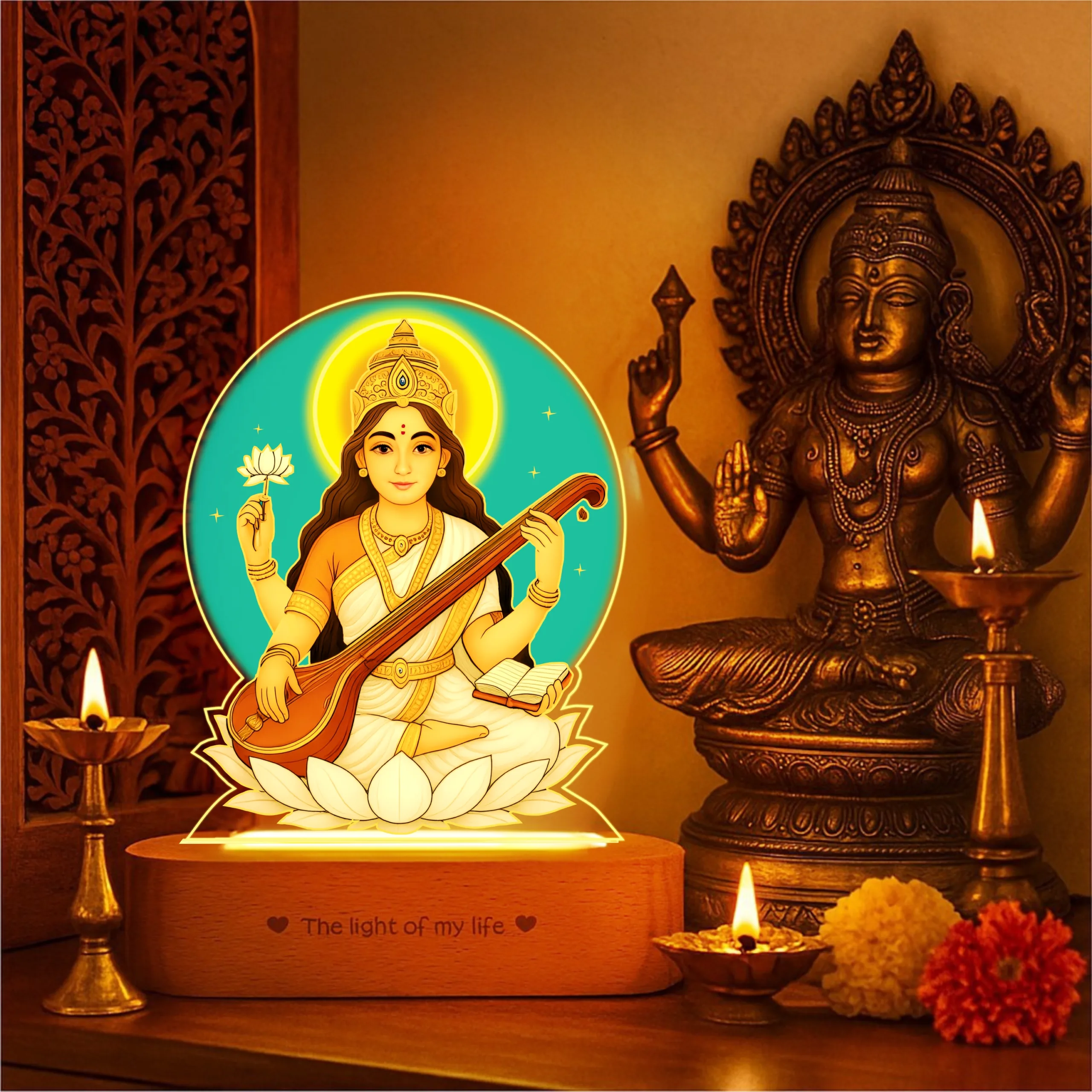 Saraswati LED Lamp | Divine Acrylic Night Light with Wooden Base for Study & Wisdom Saraswati LED Lamp | Divine Acrylic Night Light with Wooden Base for Study & Wisdom