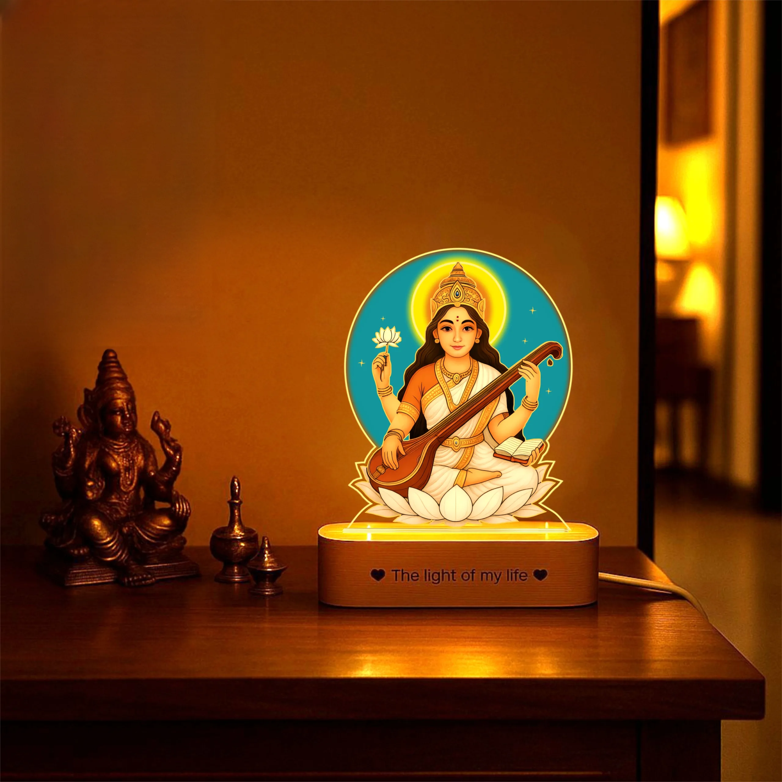 Saraswati LED Lamp | Divine Acrylic Night Light with Wooden Base for Study & Wisdom Saraswati LED Lamp | Divine Acrylic Night Light with Wooden Base for Study & Wisdom