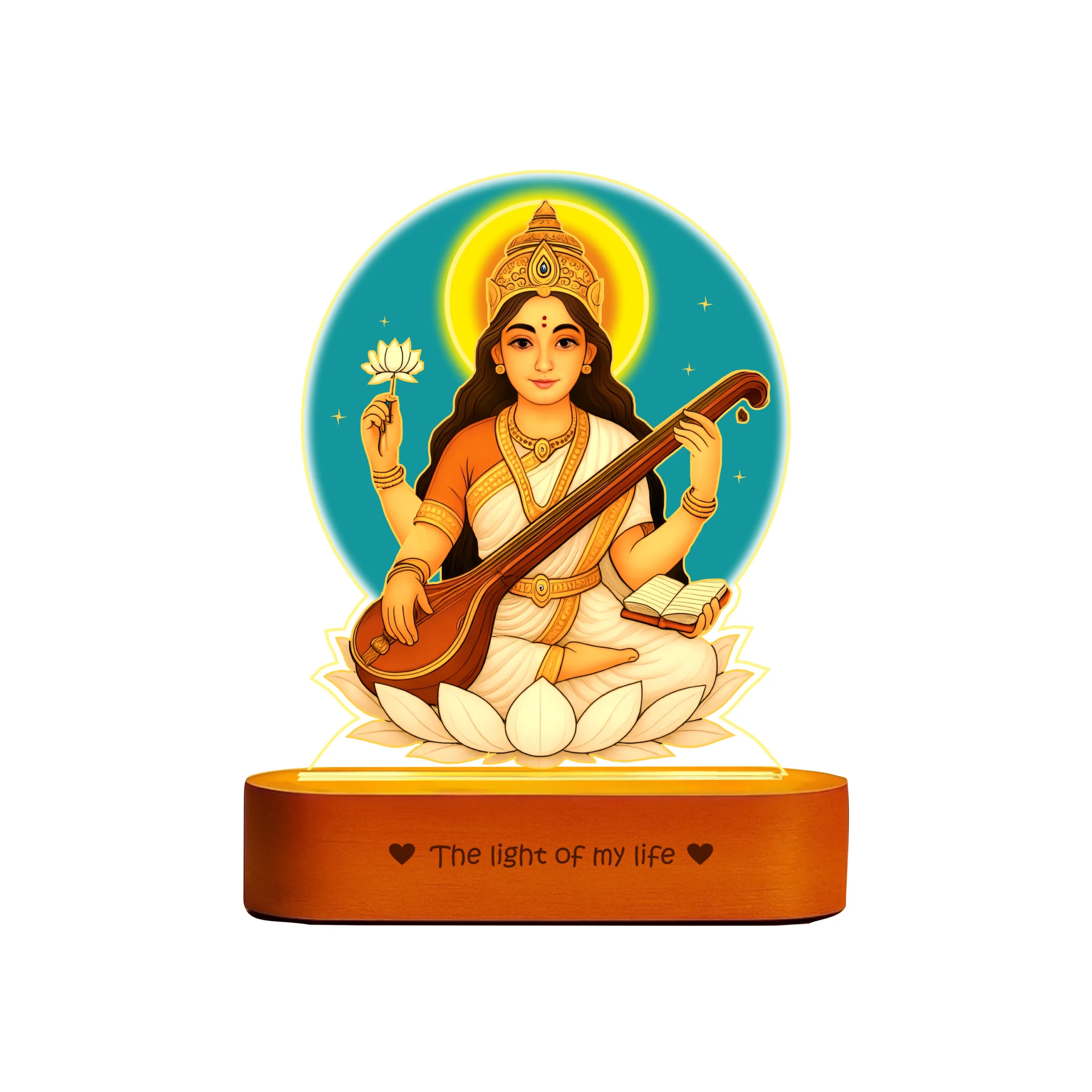 B5 (1) Saraswati LED Lamp | Divine Acrylic Night Light with Wooden Base for Study & Wisdom - Image 5