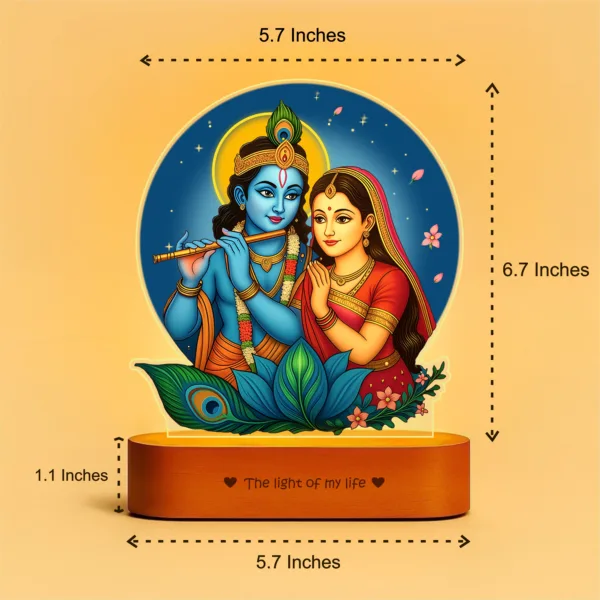 Radha Krishna LED Lamp | Divine Acrylic Night Light with Wooden Base (7×6×2 in)