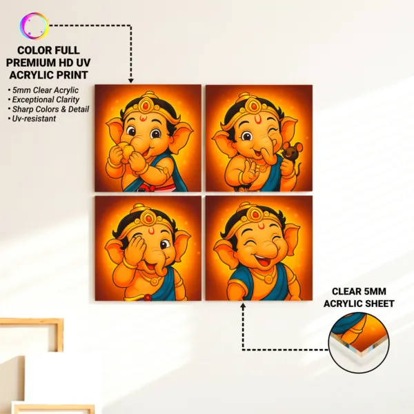 Bal Ganesha Wall Frame Set of 4 – Premium Acrylic UV Print | Vibrant Ganesha Wall Décor for Kids Room & Pooja Space