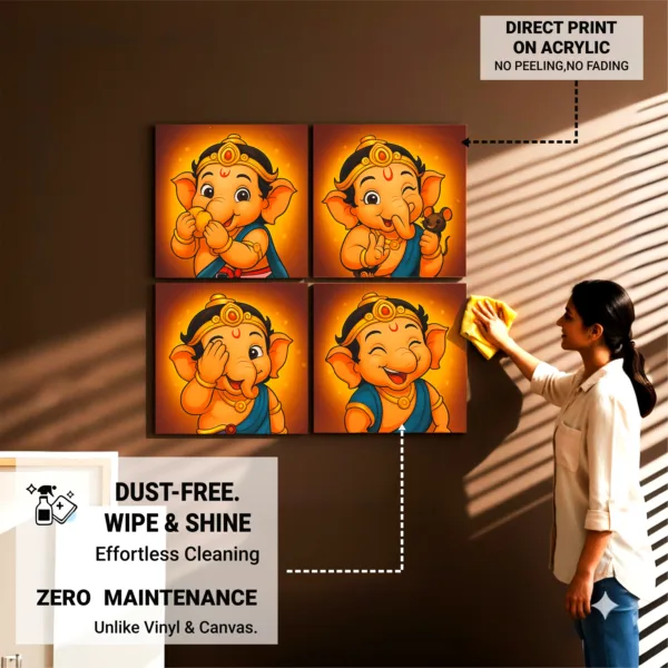 Bal Ganesha Wall Frame Set of 4 – Premium Acrylic UV Print | Vibrant Ganesha Wall Décor for Kids Room & Pooja Space