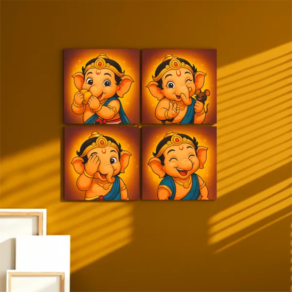 Bal Ganesha Wall Frame Set of 4 – Premium Acrylic UV Print | Vibrant Ganesha Wall Décor for Kids Room & Pooja Space