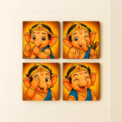 Bal Ganesha Wall Frame Set of 4 – Premium Acrylic UV Print | Vibrant Ganesha Wall Décor for Kids Room & Pooja Space