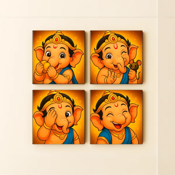 Bal Ganesha Wall Frame Set of 4 – Premium Acrylic UV Print | Vibrant Ganesha Wall Décor for Kids Room & Pooja Space