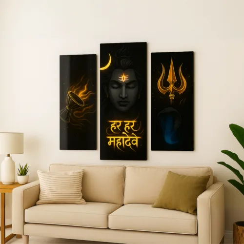 Mahadev Wall Frame Set of 3 – Har Har Mahadev UV Acrylic Art | Trishul, Damru & Shiv Ji Décor | Glossy, Durable & Easy Installation