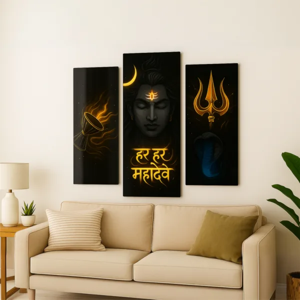 Mahadev Wall Frame Set of 3 – Har Har Mahadev UV Acrylic Art | Trishul, Damru & Shiv Ji Décor | Glossy, Durable & Easy Installation