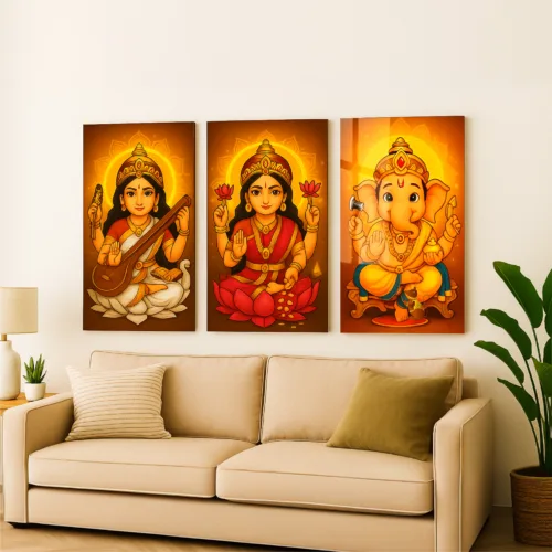 Lakshmi Ganesh Saraswati Wall Frame Set of 3 – Premium Acrylic UV Print | Glossy Diwali Wall Frame for Pooja Room & Festive Décor