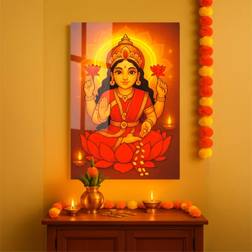 Maa Lakshmi Wall Frame – UV Printed Acrylic | Glossy & Vibrant Lakshmi Ji Artwork | Durable, Easy Peel-&-Paste Pooja Décor