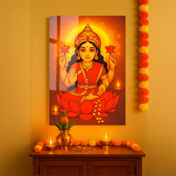 Maa Lakshmi Wall Frame – UV Printed Acrylic | Glossy & Vibrant Lakshmi Ji Artwork | Durable, Easy Peel-&-Paste Pooja Décor