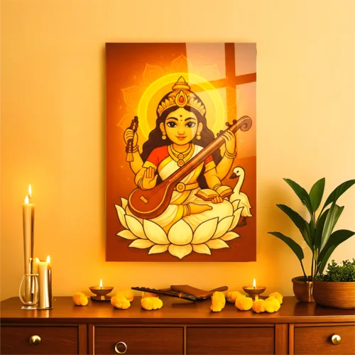Maa Saraswati Wall Frame – UV Printed Acrylic | Glossy & Vibrant Saraswati Ji Artwork | Durable, Easy Peel-&-Paste Spiritual Décor