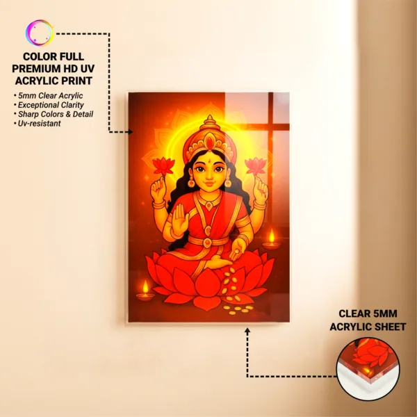 Maa Lakshmi Wall Frame – UV Printed Acrylic | Glossy & Vibrant Lakshmi Ji Artwork | Durable, Easy Peel-&-Paste Pooja Décor