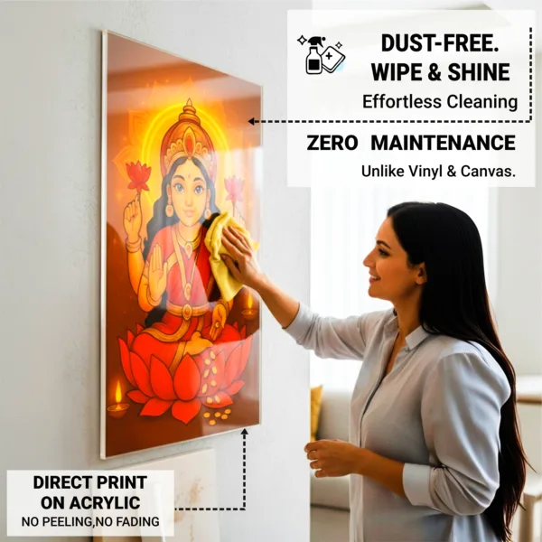 Maa Lakshmi Wall Frame – UV Printed Acrylic | Glossy & Vibrant Lakshmi Ji Artwork | Durable, Easy Peel-&-Paste Pooja Décor