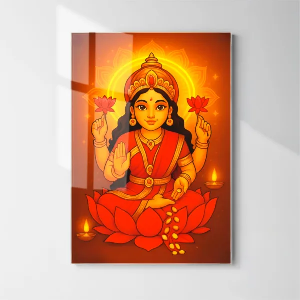 Maa Lakshmi Wall Frame – UV Printed Acrylic | Glossy & Vibrant Lakshmi Ji Artwork | Durable, Easy Peel-&-Paste Pooja Décor
