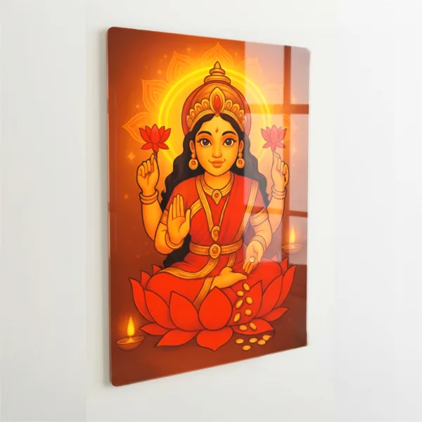 Maa Lakshmi Wall Frame – UV Printed Acrylic | Glossy & Vibrant Lakshmi Ji Artwork | Durable, Easy Peel-&-Paste Pooja Décor