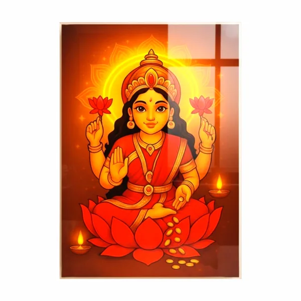 Maa Lakshmi Wall Frame – UV Printed Acrylic | Glossy & Vibrant Lakshmi Ji Artwork | Durable, Easy Peel-&-Paste Pooja Décor