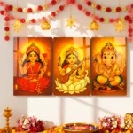 Lakshmi Ganesh Saraswati Wall Frame Set of 3 – Premium Acrylic UV Print | Glossy Diwali Wall Frame for Pooja Room & Festive Décor