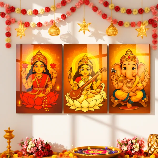 Lakshmi Ganesh Saraswati Wall Frame Set of 3 – Premium Acrylic UV Print | Glossy Diwali Wall Frame for Pooja Room & Festive Décor