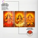 Lakshmi Ganesh Saraswati Wall Frame Set of 3 – Premium Acrylic UV Print | Glossy Diwali Wall Frame for Pooja Room & Festive Décor