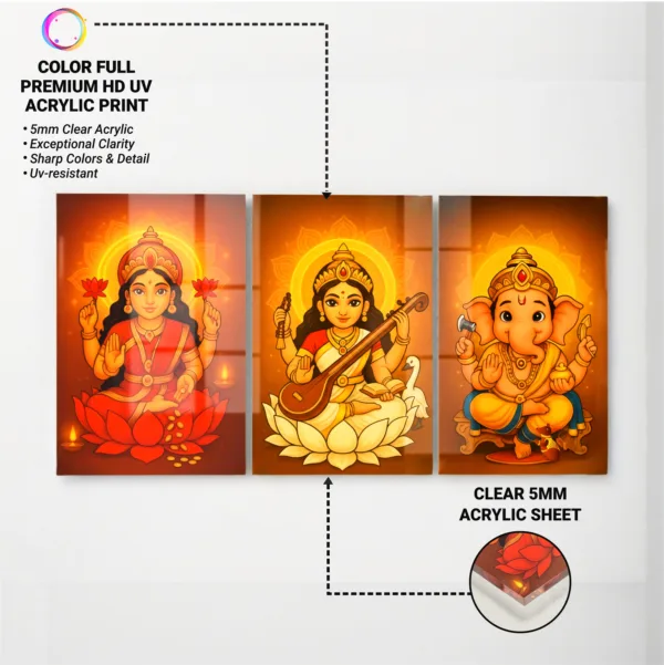 Lakshmi Ganesh Saraswati Wall Frame Set of 3 – Premium Acrylic UV Print | Glossy Diwali Wall Frame for Pooja Room & Festive Décor