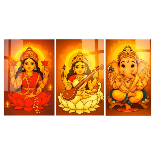 Lakshmi Ganesh Saraswati Wall Frame Set of 3 – Premium Acrylic UV Print | Glossy Diwali Wall Frame for Pooja Room & Festive Décor