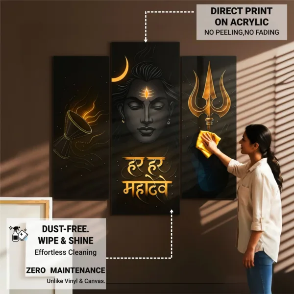 Mahadev Wall Frame Set of 3 – Har Har Mahadev UV Acrylic Art | Trishul, Damru & Shiv Ji Décor | Glossy, Durable & Easy Installation