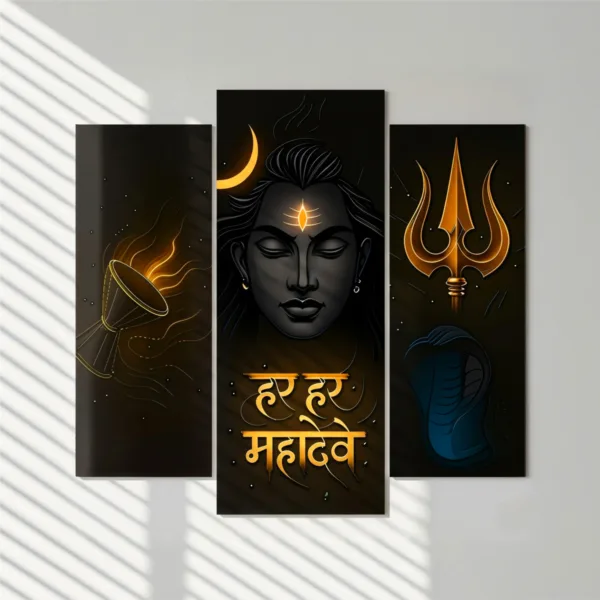 Mahadev Wall Frame Set of 3 – Har Har Mahadev UV Acrylic Art | Trishul, Damru & Shiv Ji Décor | Glossy, Durable & Easy Installation