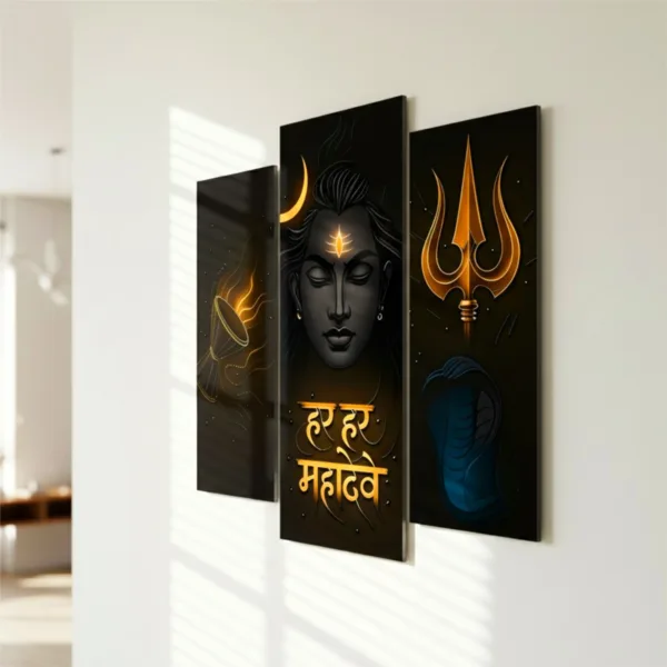 Mahadev Wall Frame Set of 3 – Har Har Mahadev UV Acrylic Art | Trishul, Damru & Shiv Ji Décor | Glossy, Durable & Easy Installation