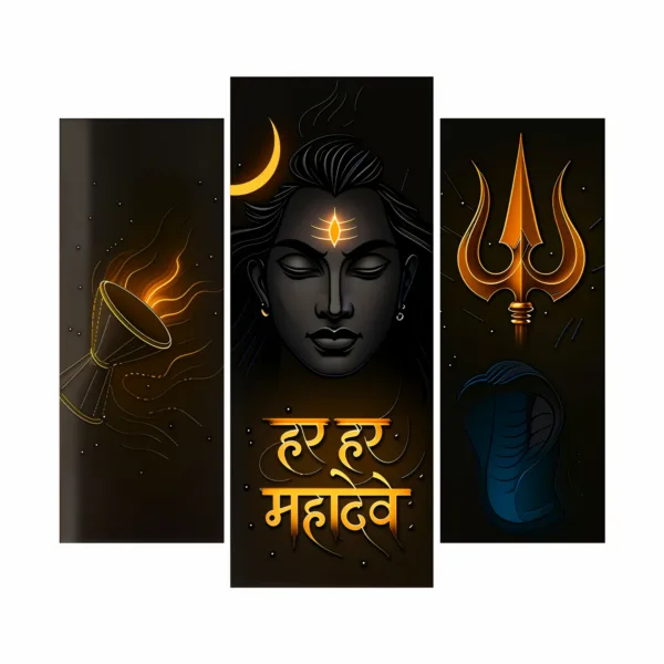 Mahadev Wall Frame Set of 3 – Har Har Mahadev UV Acrylic Art | Trishul, Damru & Shiv Ji Décor | Glossy, Durable & Easy Installation