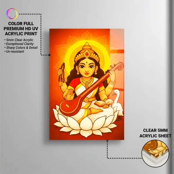 Maa Saraswati Wall Frame – UV Printed Acrylic | Glossy & Vibrant Saraswati Ji Artwork | Durable, Easy Peel-&-Paste Spiritual Décor