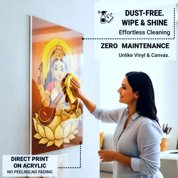 Maa Saraswati Wall Frame – UV Printed Acrylic | Glossy & Vibrant Saraswati Ji Artwork | Durable, Easy Peel-&-Paste Spiritual Décor
