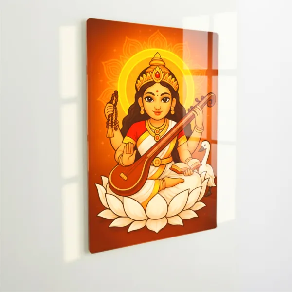 Maa Saraswati Wall Frame – UV Printed Acrylic | Glossy & Vibrant Saraswati Ji Artwork | Durable, Easy Peel-&-Paste Spiritual Décor