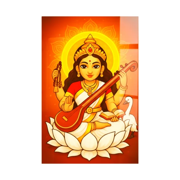 Maa Saraswati Wall Frame – UV Printed Acrylic | Glossy & Vibrant Saraswati Ji Artwork | Durable, Easy Peel-&-Paste Spiritual Décor